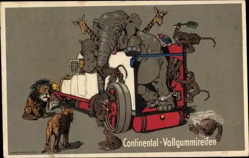 Ak Continental Vollgummireifen, Automobil, Elefant, Löwen, Giraffen, Affen