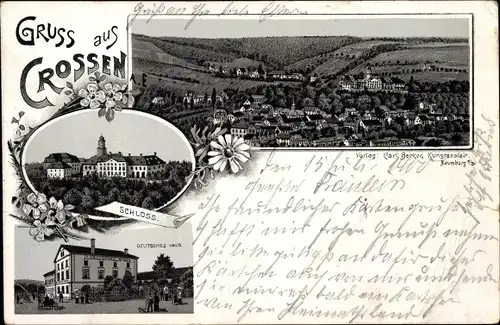 Litho Crossen an der Weißen Elster Thüringen, Totalansicht, Schloss, Deutsches Haus