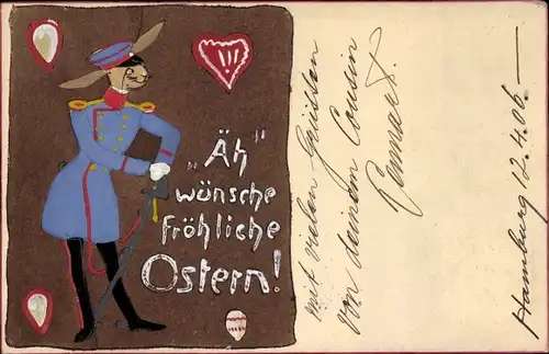 Präge Ak Glückwunsch Ostern, Osterhase in Uniform, Ostereier