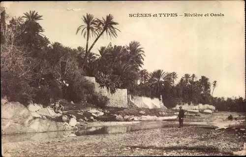 Ak Algerien, Scenes et Types, Riviere et Oasis, Palmen, Landschaft