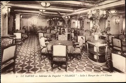 Ak Le Havre, Paquebot France, CGT French Line, Transatlantique, Salle à manger