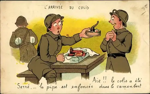 Ak Französische Soldaten am Tisch, Soldatenleben, Essen, Pfeife in der Dose, L'Arrivee du Colis