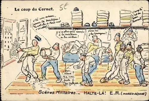 Ak Französischer Soldat mit Wasser bespritzt, Soldatenleben, Le Coup du Cornet, Scenes Militaires