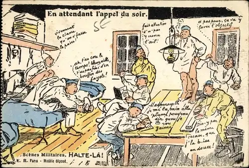 Ak Französische Soldaten, Soldatenleben, Scenes Militaires, En attendant l'Appel du soir