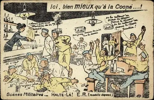 Ak Französische Soldaten in Bar, Soldatenleben, Scenes Militaires, Ici, bien mieux...