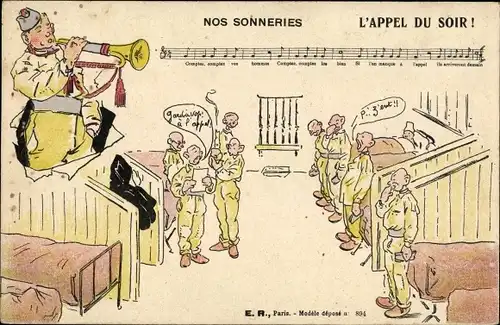 Ak Französische Soldaten, Soldatenleben, Trompete, Betten, Nos Sonneries, L'Appel du Soir