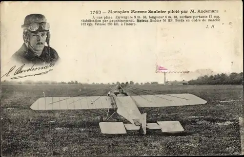 Ak Französisches Flugzeug, Monoplan Morane Saulnier pilote par M. Audemars