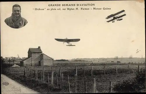 Ak Französisches Flugzeug, Grande Semaine d'Aviation, Dickson en plein vol, sur Biplan H. Farman