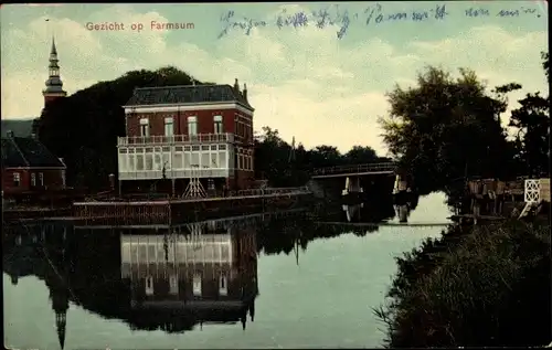 Ak Nieuwstad Farmsum Groningen, Blick vom Ufer aus zum Schloss