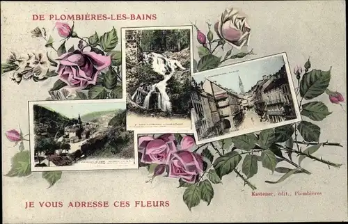 Ak Plombières les Bains Lothringen Vosges, Straßenpartie, Waserfall, Teilansicht