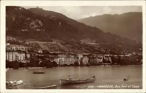 Ak Montreux Kanton Waadt Schweiz, Bon Port et Caux, See, Boot, Ortsansicht vom See aus