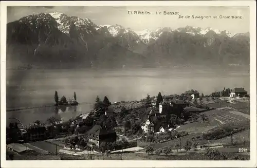 Ak Clarens Montreux Kanton Waadt, Le Basset, Ile de Salagnon et Grammont, Panorama mit Gebirge