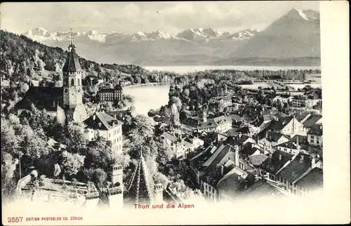 Ak Thun Kanton Bern Schweiz, Ortsansicht mit Alpenpanorama