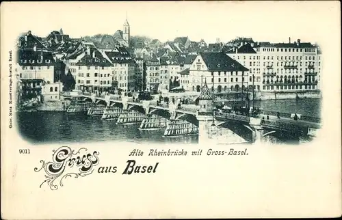 Ak Bâle Basel Stadt Schweiz, Alte Rheinbrücke mit Gross-Basel
