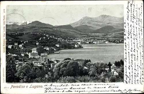 Ak Lugano Kanton Tessin Schweiz, Paradiso, Panorama mit See