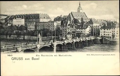Ak Bâle Basel Stadt Schweiz, Alte Rheinbrücke, Martinskirche
