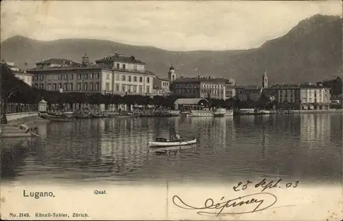 Ak Lugano Kanton Tessin Schweiz, Quai, Ansicht vom See aus, Ruderboot