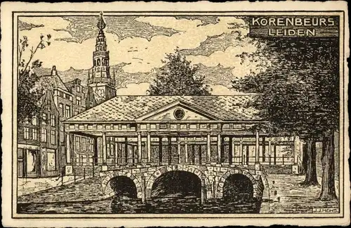 Künstler Ak Leiden Südholland Niederlande, Korenbeurs, Brücke