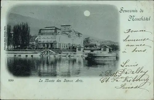 Mondschein Ak Neuchâtel Neuenburg Stadt, Le Musee des Beaux Arts, See im Vordergrund