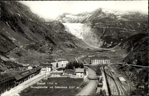 Ak Gletsch Obergoms Kanton Wallis, Rhonegletscher mit Galenstock, Bergpanorama, Bahnstation