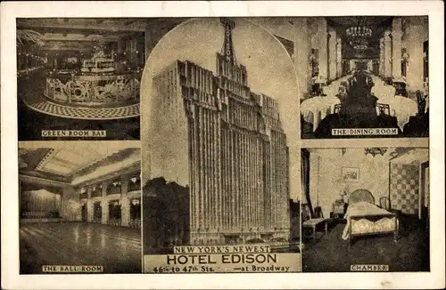 Ak New York City, Hotel Edison, Außenansicht, Innenansichten Bar, Ball Room, Dining Room, Chamber