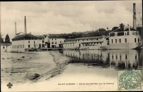 Ak Saint Junien Haute Vienne, Usine des Seilles, sur la Vienne, Fabrik, Fluss