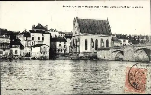 Ak Saint Junien Haute Vienne, Megisseries, Notre-dame et Pont sur la Vienne, Brücke, Kirche, Fluss