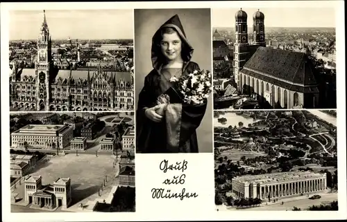 Ak München Bayern, Teilansichten, Propyläen, Frauenkirche, Kindl mit Blumenstrauß