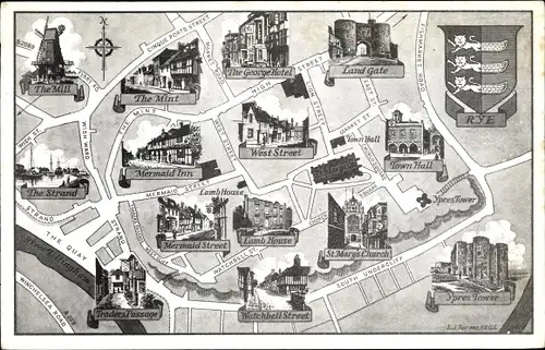 Stadtplan Ak Rye East Sussex England, The Mill, The Mint, George Hotel, Land Gate, Ypres Tower