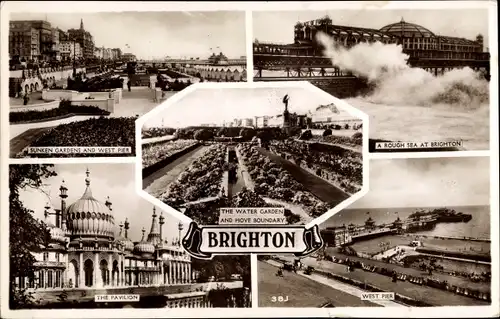 Ak Brighton East Sussex England, The Pavilion, Sunken Gardens, Water Garden, West Pier