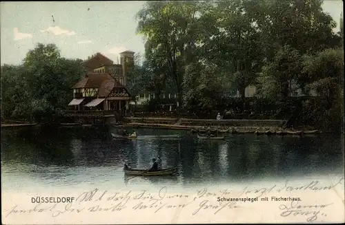 Ak Düsseldorf am Rhein, Schwanenspiegel mit Fischerhaus