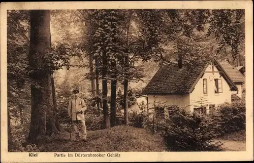 Ak Düsternbrook Kiel Schleswig Holstein, Partie im Düsterbrooker Gehölz, Mann in Uniform, Haus