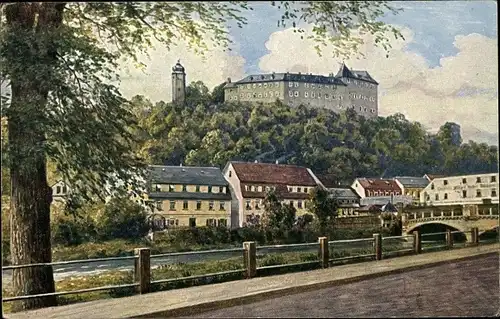 Künstler Ak Greiz im Vogtland, Heinrichsbrücke, Oberes Schloss