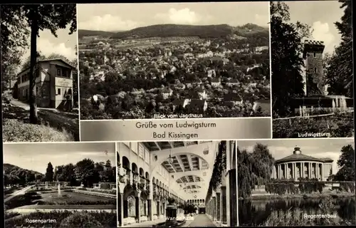 Ak Bad Kissingen Unterfranken Bayern, Blick vom Jagdhaus, Ludwigsturm, Rosengarten, Wandelhalle