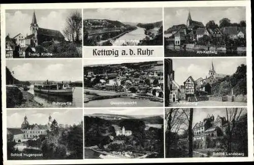 Ak Kettwig Essen im Ruhrgebiet, Panorama, Kirche, Schloss Landsberg, Burg Oefte, Schloss Hugenpoet