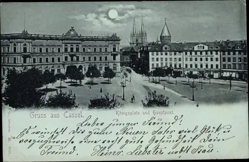 Mondschein Ak Kassel in Hessen, Königsplatz, Hauptpost