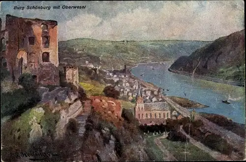 Künstler Ak Oberwesel am Rhein, Ruine Schönburg