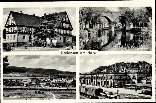 Ak Kreiensen Einbeck, Leinebrücke, Rathaus mit Volksbank, Bahnhof Ostseite, Teilansicht