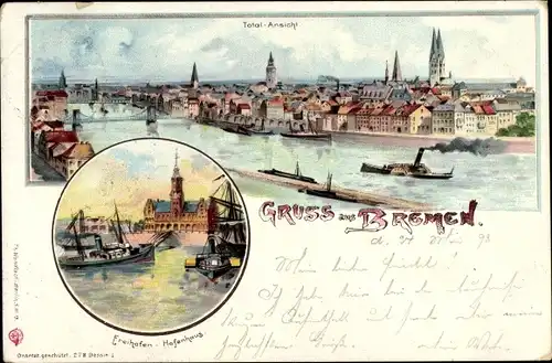Litho Hansestadt Bremen, Totalansicht, Freihafen, Hafenhaus