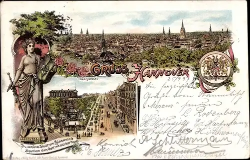 Litho Hannover in Niedersachsen, Panorama, Georgstraße, Wappen, Hannovera