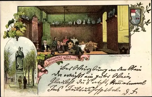 Litho Würzburg am Main Unterfranken, Weinstube des Juliusspitals, Denkmal, Wappen
