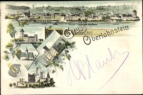 Litho Oberlahnstein Lahnstein am Rhein, Burg Lahneck, Panorama, Wappen
