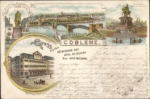 Litho Koblenz, Kaiser Wilhelm Denkmal Deutsches Eck, Goeben Statue, Kölnischer Hof, Hotel de Cologne