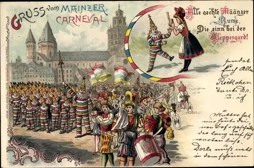 Litho Mainz am Rhein, Mainzer Karneval, Kostümierte, Umzug, Klepper Garde
