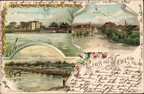Litho Kehl am Rhein, Großherzog Friedrich Kaserne, Rheinbrücken, Stadtansicht