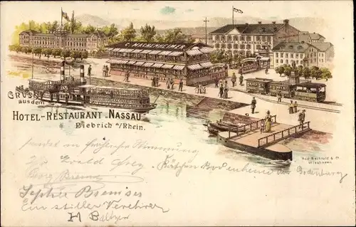 Litho Biebrich Wiesbaden, Hotel Restaurant Nassau, Machenheimer, Dampferanlegestelle