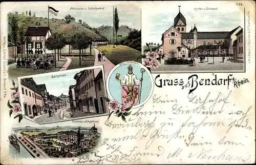 Litho Bendorf am Rhein, Kirche, Denkmal, Schützenhof, Bachstraße, Wappen