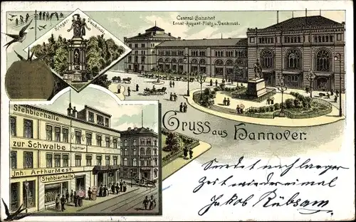 Litho Hannover in Niedersachsen, Zentralbahnhof, Ernst-August-Platz, Denkmal, Stehbierhalle
