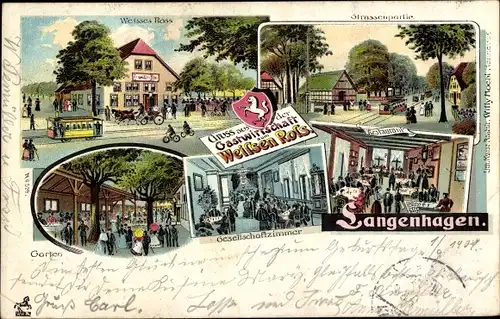 Litho Langenhagen in Niedersachsen, Gastwirtschaft zum Weißen Ross, Straßenpartie, Garten