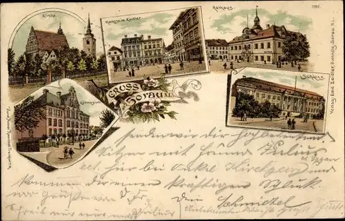 Litho Żary Sorau Niederlausitz Ostbrandenburg, Rathaus, Kirche, Schloss, Gymnasium